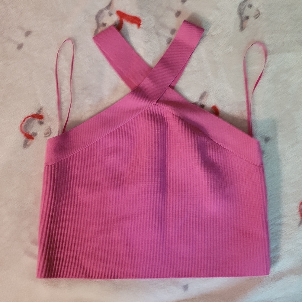 Sincerley Jules Ribbed Criss-cross Halter-neck Top Womens Size Large Fuschia